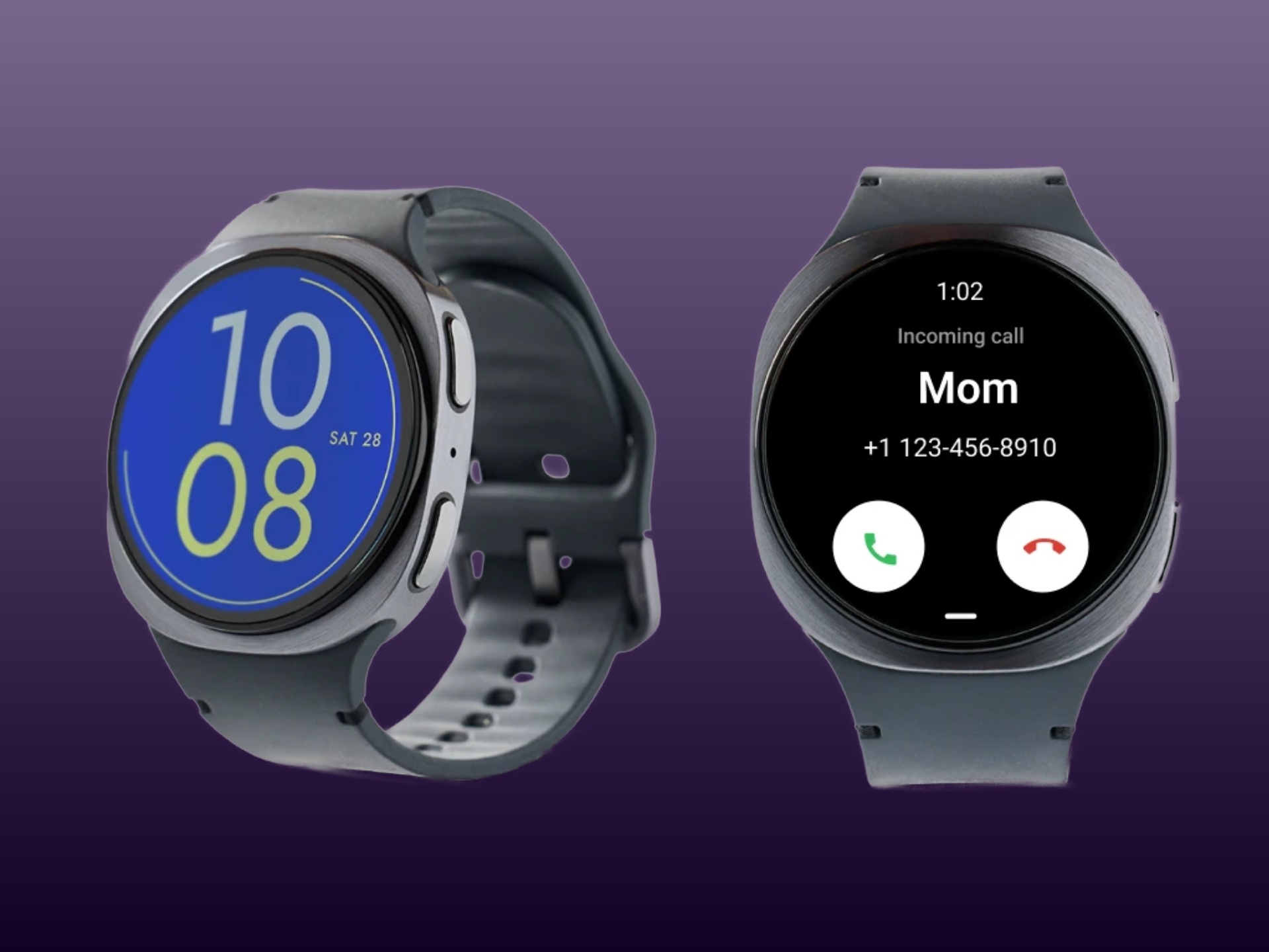 Dva pohledy na dětské hodinky Samsung Bark Watch, jedny s modrým ciferníkem s velkými hodinami a na druhých je příchozí hovor od Maminky
