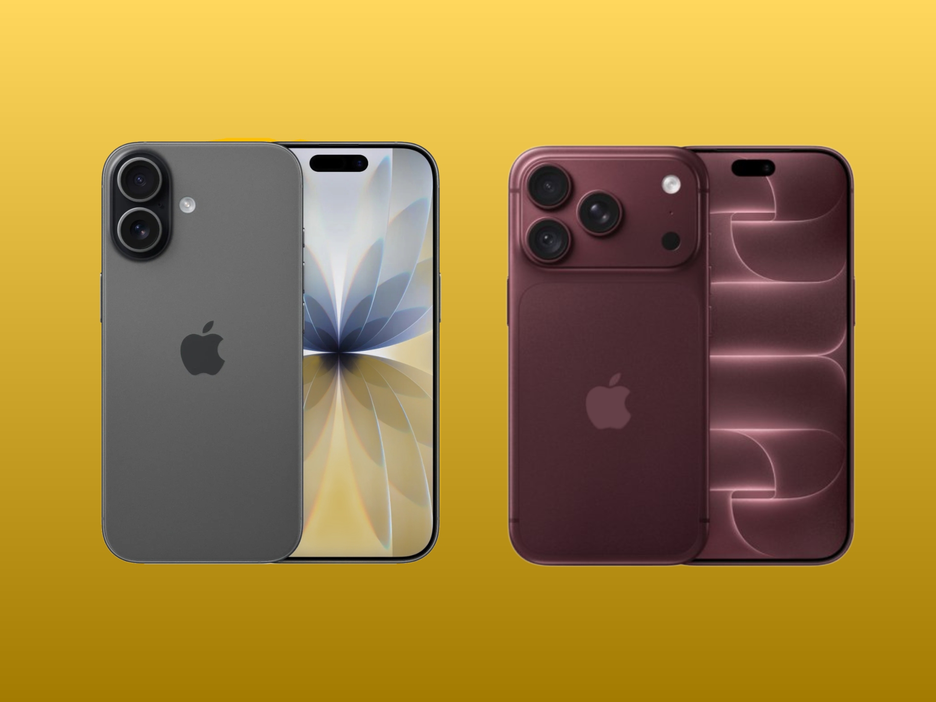 Dva iPhony vedle sebe, jeden šedý a druhý vínový, s viditelnými fotoaparáty a logem Apple.
