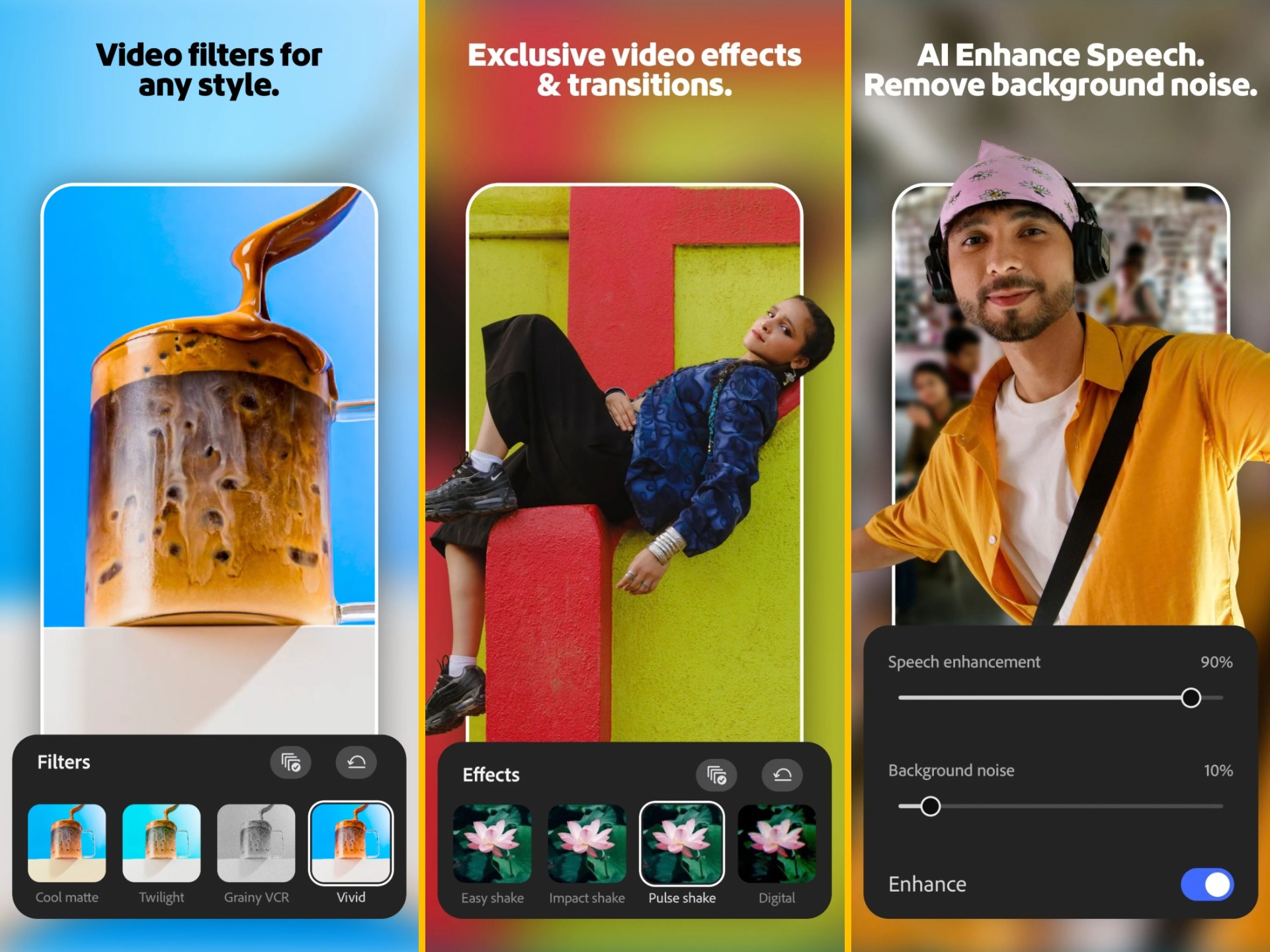 Koláž tří mobilních obrazovek z mobilu s videoefekty: filtr na nápoj, barevná zeď s osobami, a muž s headsetem.