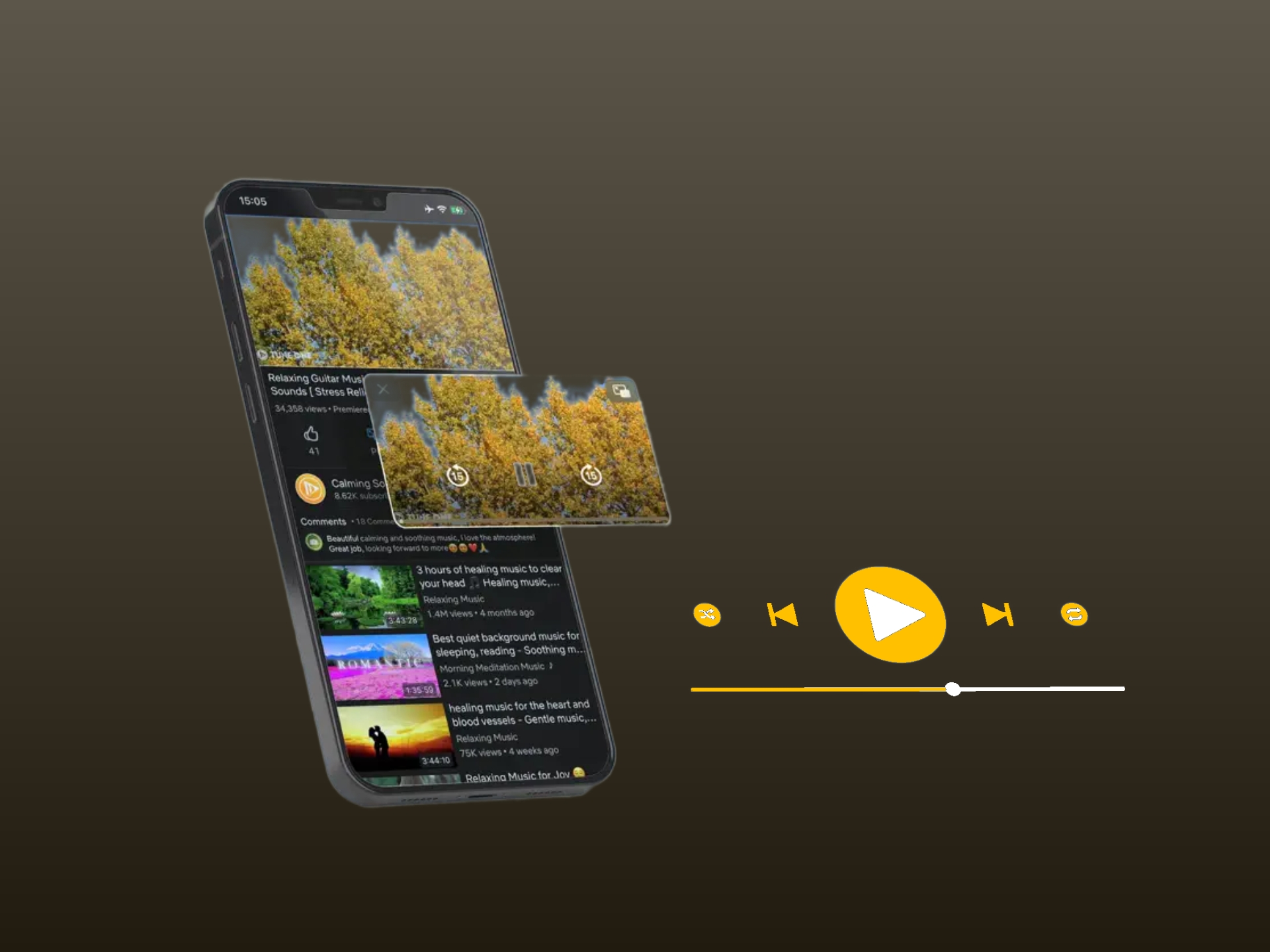 Smartphone zobrazuje video s podzimními stromy, překryté přehrávacími ikonami a žlutým ovládáním hlasitosti.