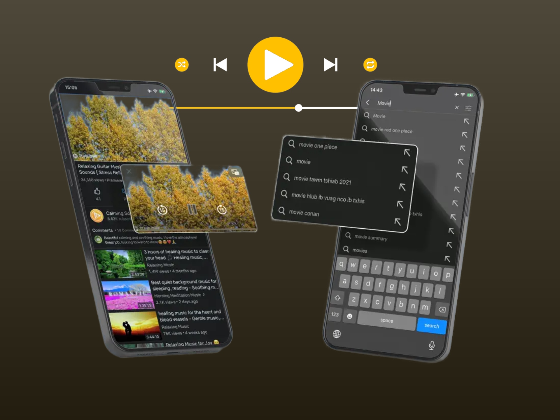 Smartphone zobrazuje video s podzimními stromy, překryté přehrávacími ikonami a žlutým ovládáním hlasitosti.
