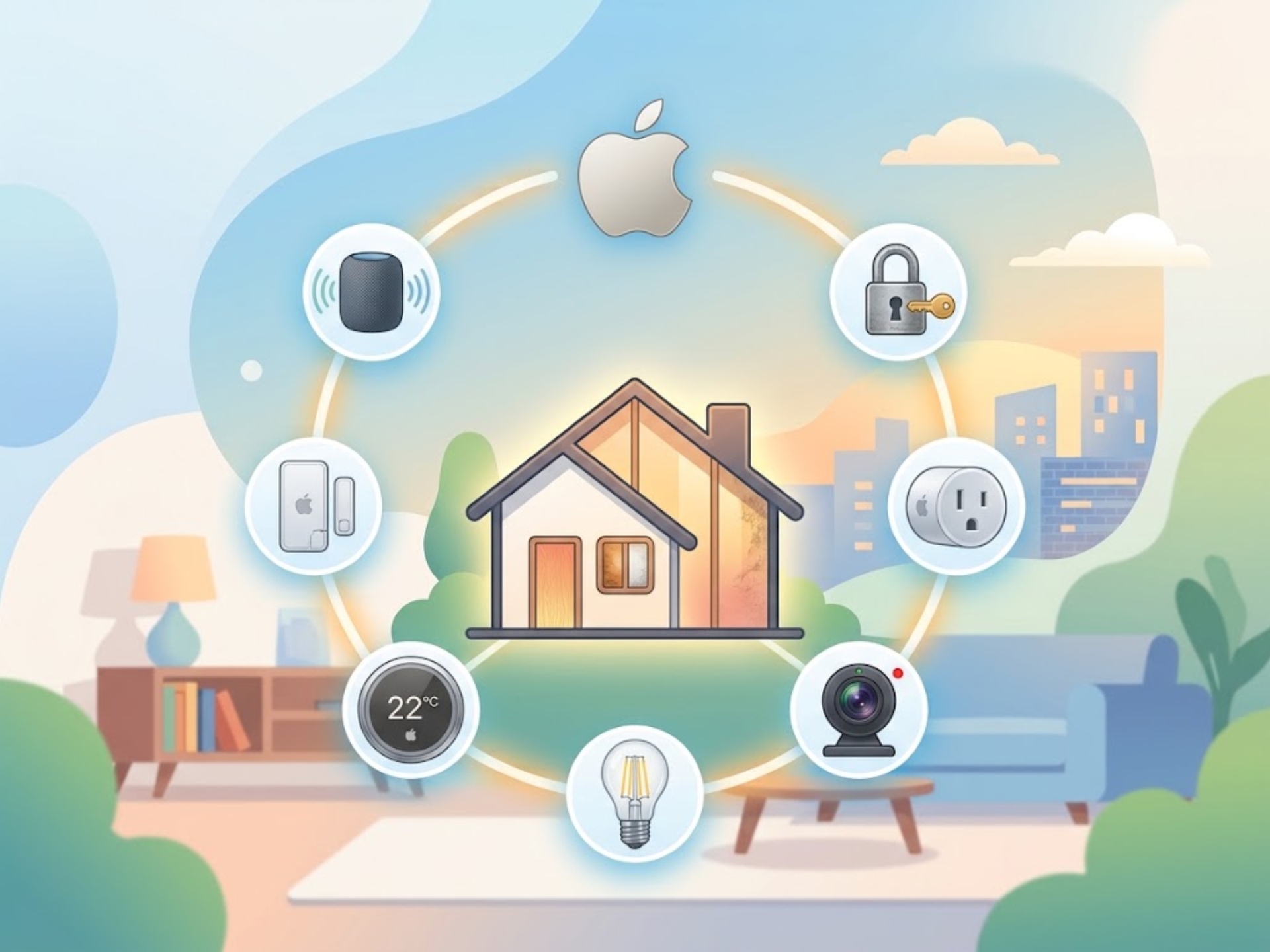 Ilustrace chytré domácnosti s domkem uprostřed, ikonami Apple, zámku, zásuvky, kamery a teploty 22°C.