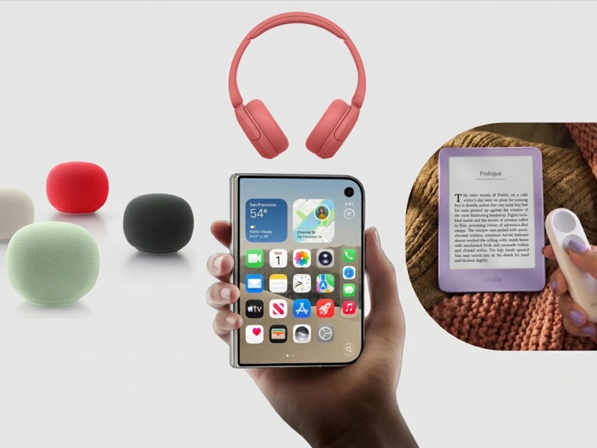 Různé gadgety: Růžová bezdrátová sluchátka Sony, chytrý telefon Apple Apple iPhone Duo a Kindle čtečka na podložce, vedle barevných reproduktorů Google Home Speaker