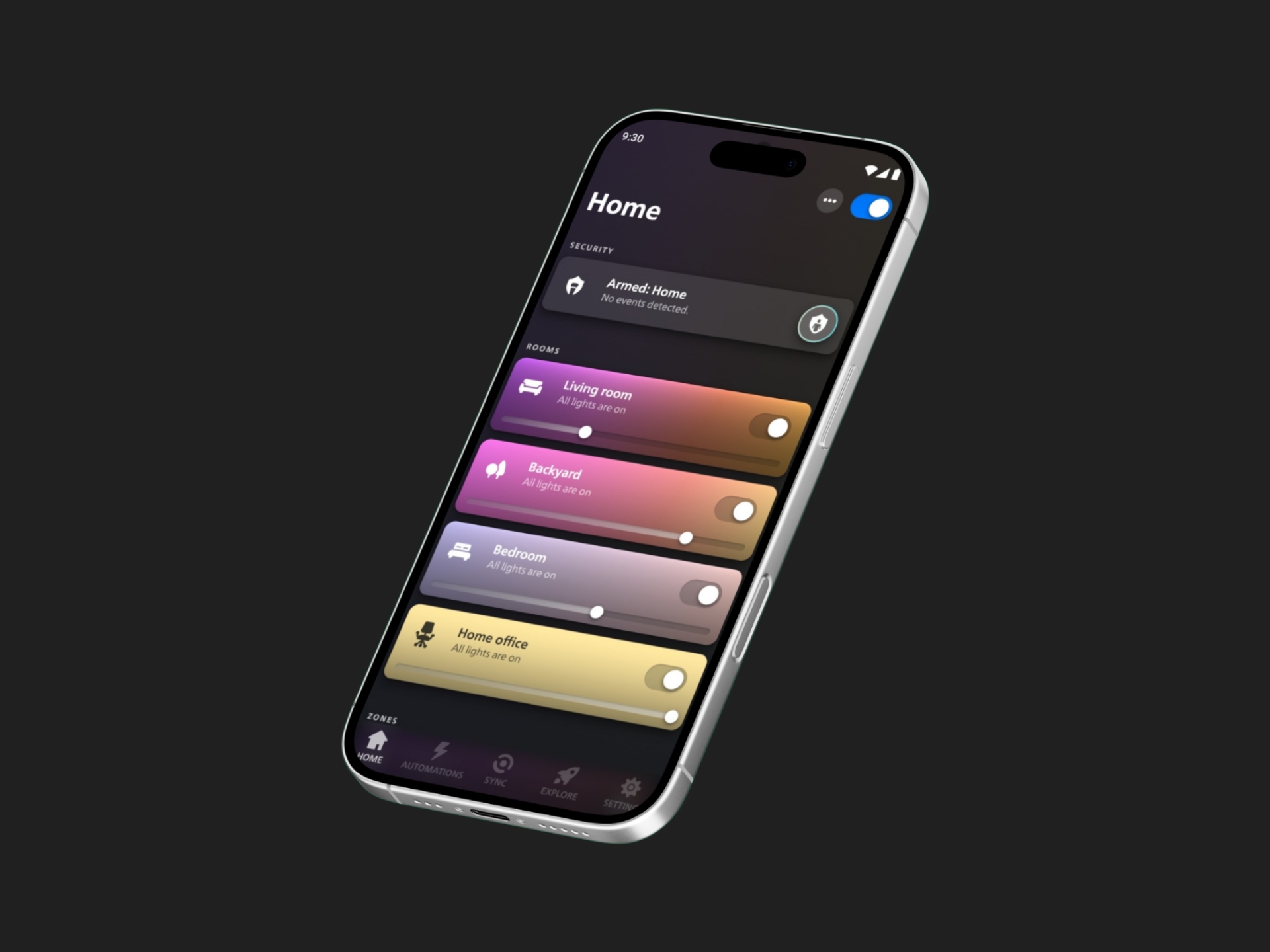 Svisle natočený smartphone zobrazuje aplikaci chytré domácnosti Philips Hue s ovládáním světel v místnostech.