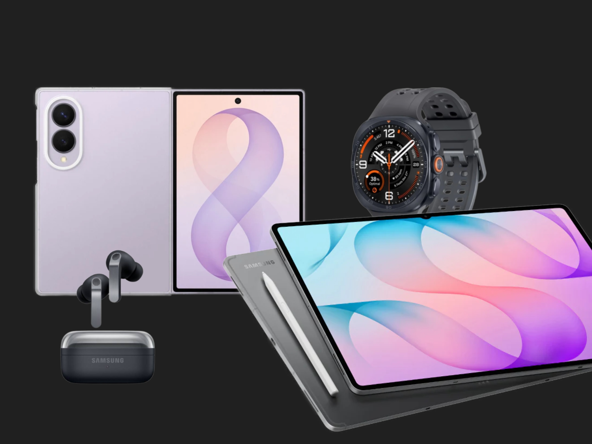 Sada zařízení Samsung: telefon, tablet, chytré hodinky, bezdrátová sluchátka a pouzdro na černém pozadí.