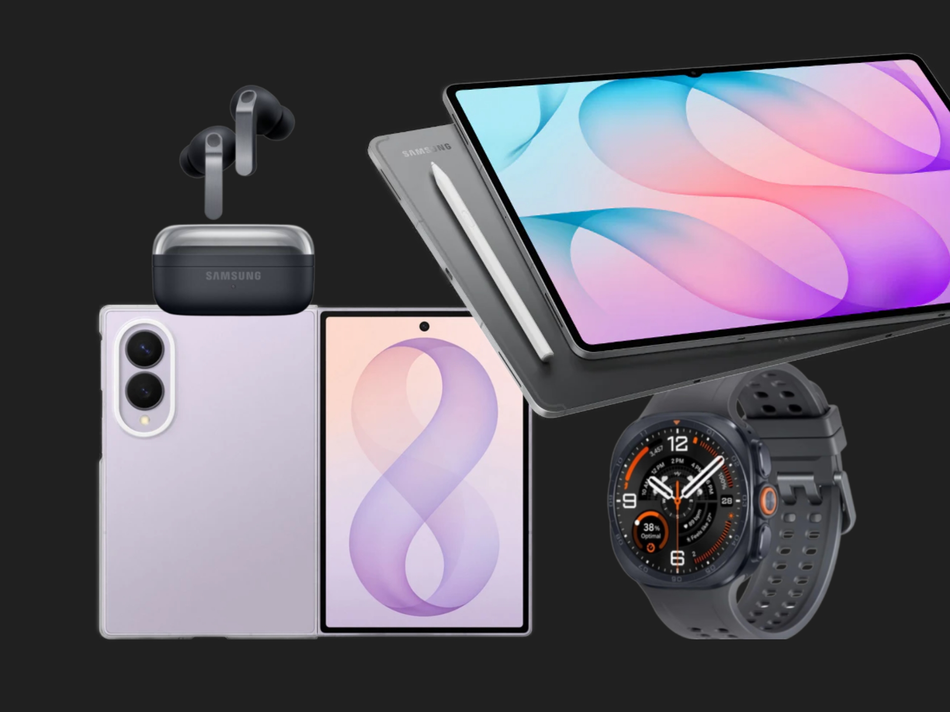 Sada Samsung zařízení: sluchátka, smartphone, tablet, chytré hodinky na tmavém pozadí.