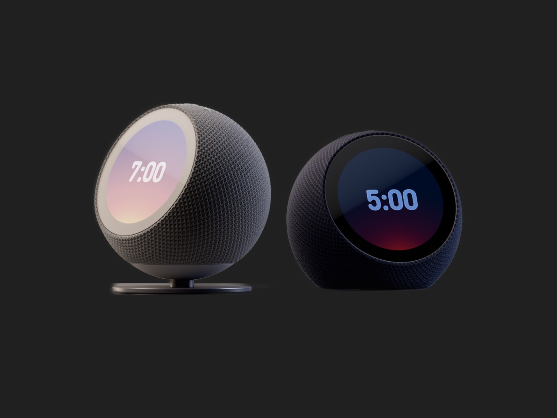 Dva chytré budíky Amazon Echo Time s displejem ukazují čas 7:00 a 5:00 na tmavém pozadí.