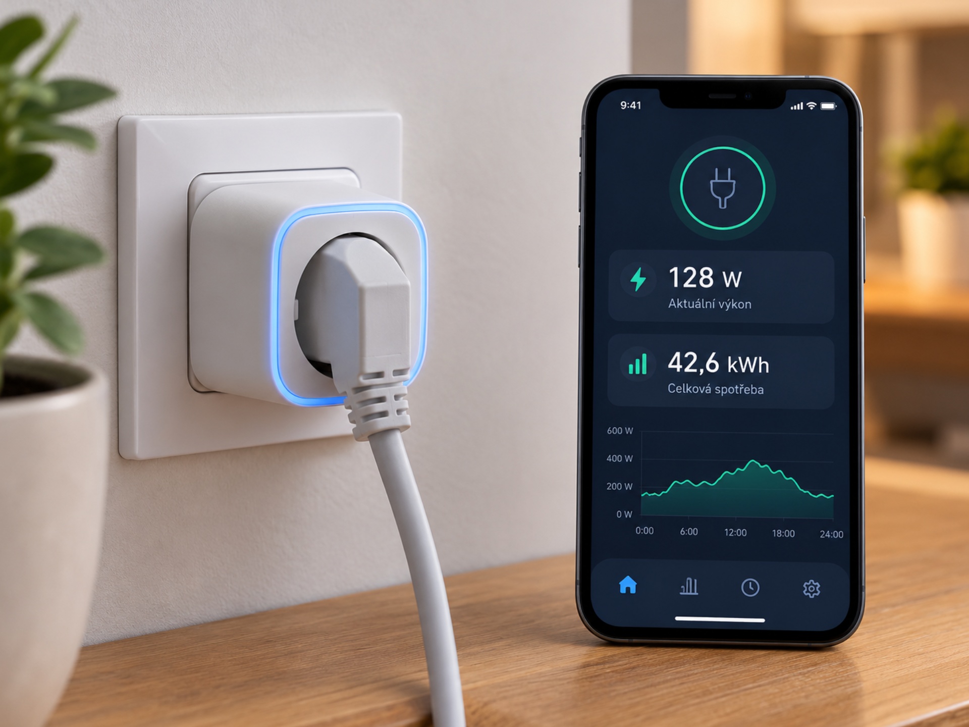 Chytrá zásuvka s modrým LED kroužkem a podporou Matter a smartphone zobrazuje spotřebu energie a výkon.